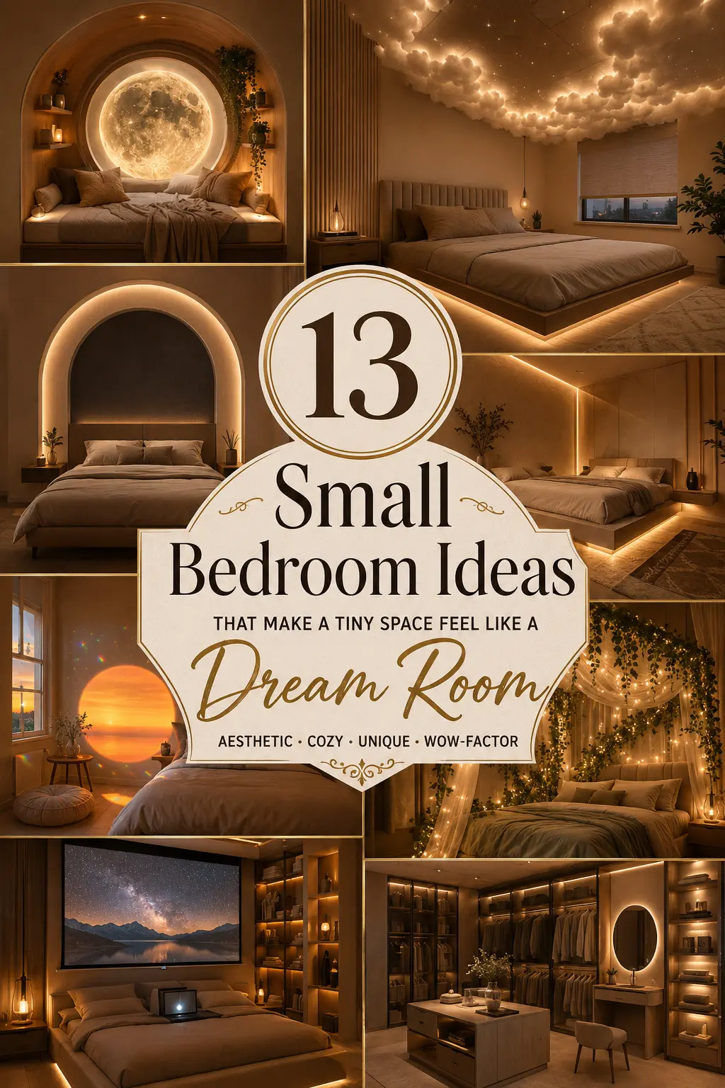 A Pinterest-style collage featuring 13 unique small bedroom ideas, including a glowing moon portal nook, illuminated cloud ceiling, warm LED arch behind the bed, floating bed with under-bed lighting, sunset projection corner, and ivy vine canopy with fairy lights.
