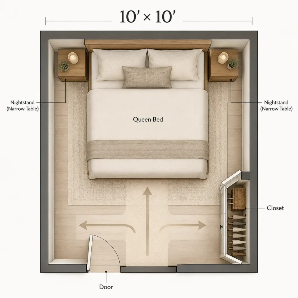 10×10 bedroom floor plan with centered queen bed for two people.
