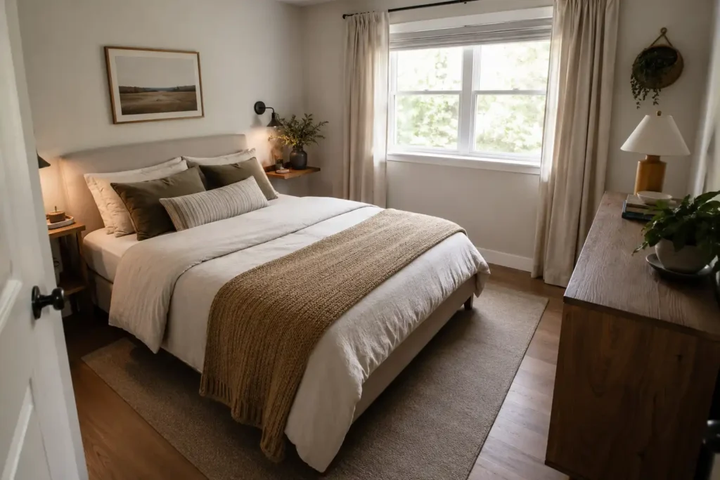 Practical 10×10 bedroom with queen bed and compact furniture.