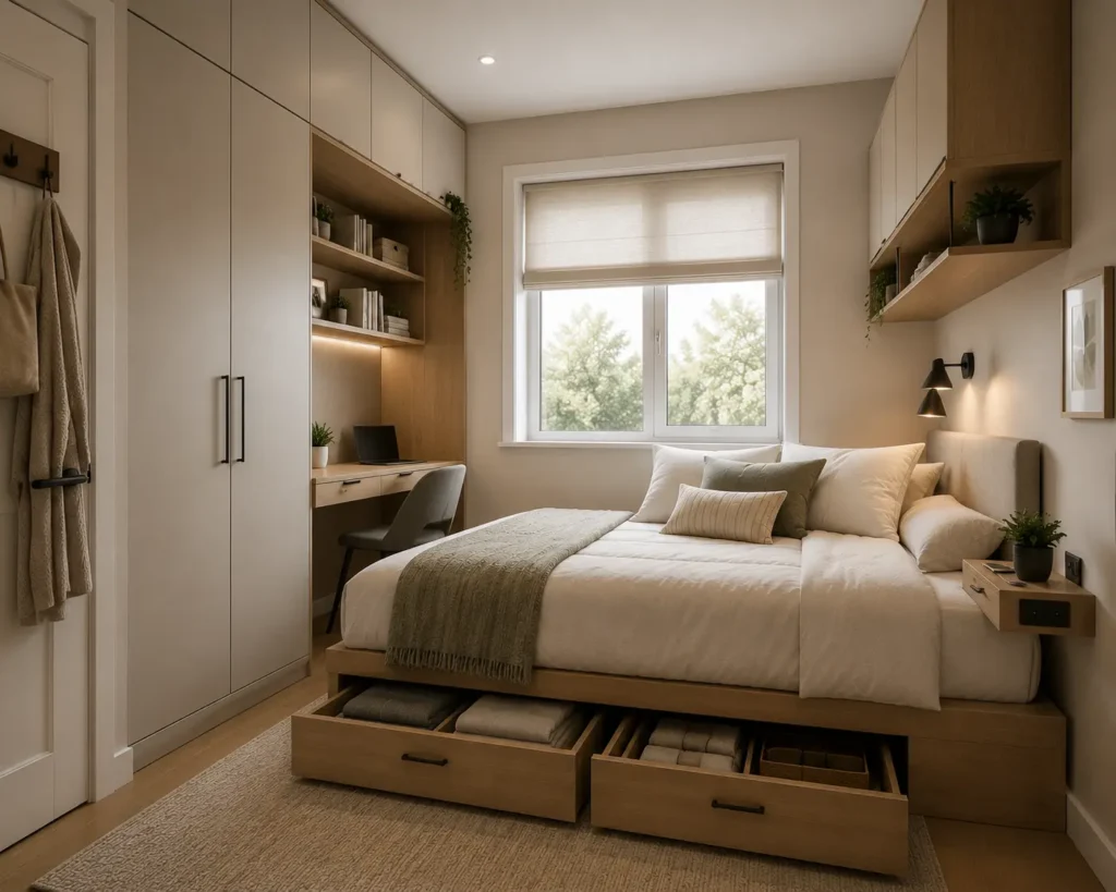 Warm small bedroom with tall closed storage, under-bed drawers and a small wall-mounted bedside shelf.