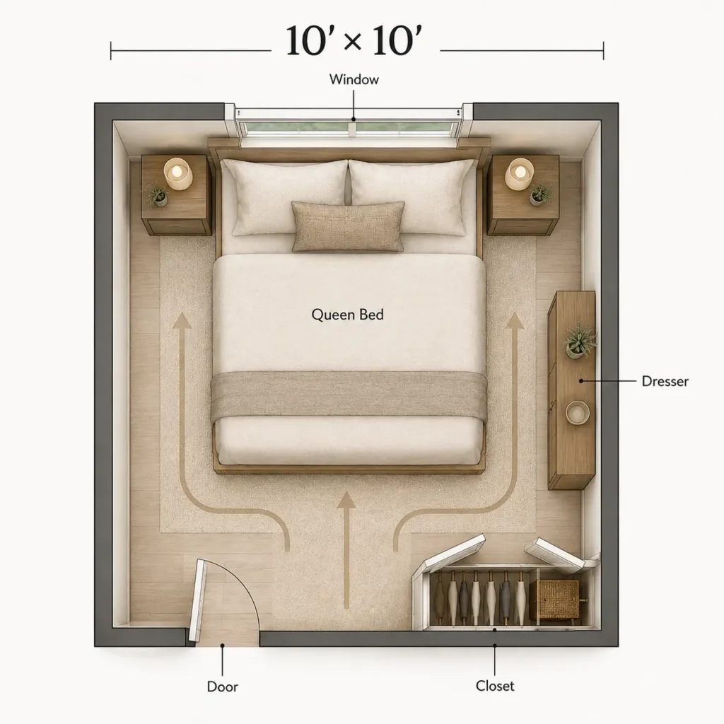 10×10 bedroom layout with bed positioned beneath a window.