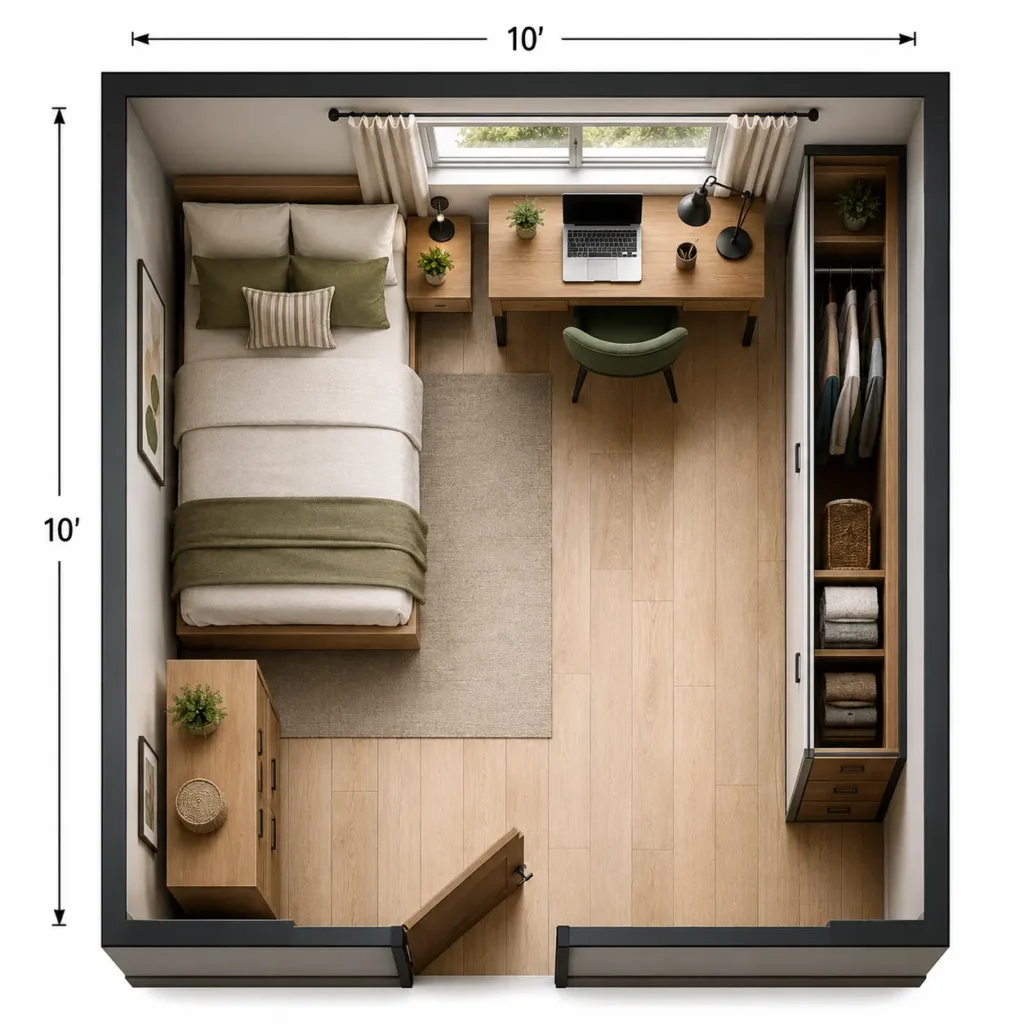 Small 10×10 bedroom arranged with a bed and compact work desk.