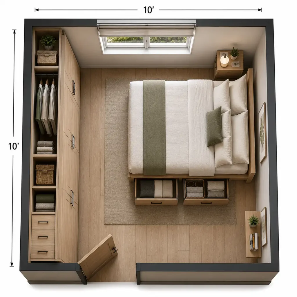Storage-focused floor plan for a 10×10 bedroom.