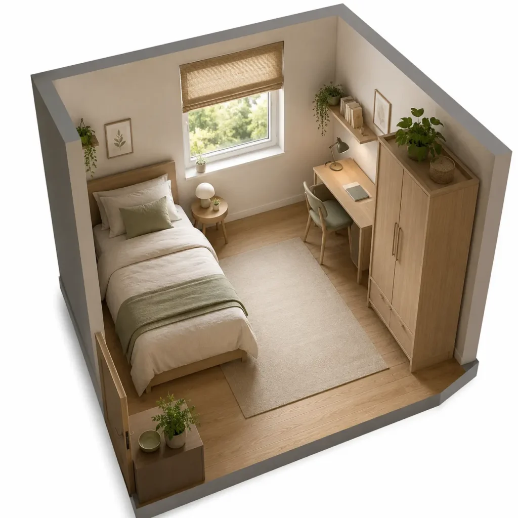  Bed placed along one wall with a wider open zone for desk or storage on the opposite side.