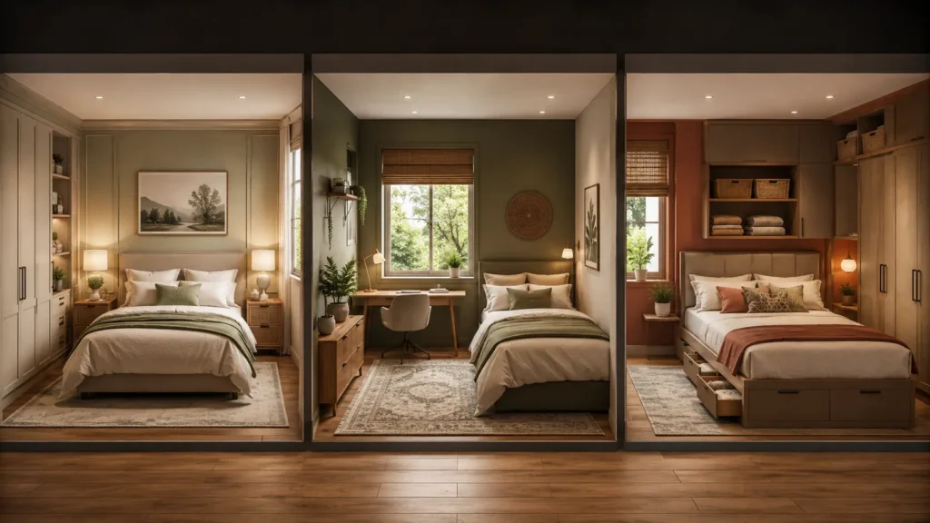 Three 10x10 bedroom layout ideas showing different small bedroom arrangements with a queen bed, workspace, and storage solutions for maximizing space.