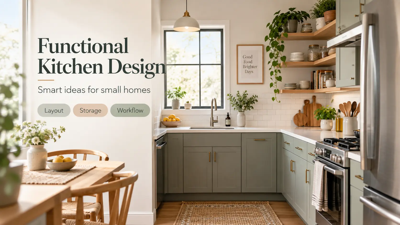 Functional kitchen design for a small home showing how to design a functional kitchen with smart layout, storage, and workflow solutions