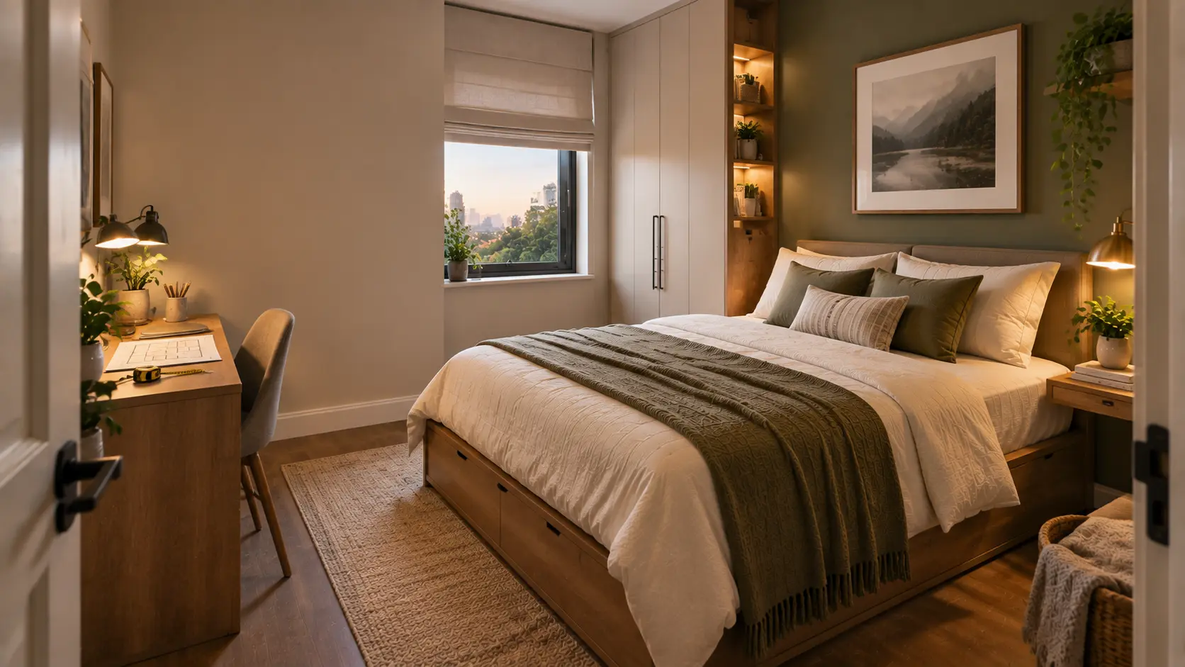 How to organize furniture in a small bedroom with a queen bed, built-in wardrobe, and compact desk layout.
