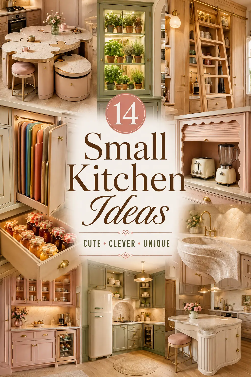 Pinterest-style collage featuring 14 unique small kitchen ideas, including a mini greenhouse cabinet, puzzle-piece island, rolling ladder pantry, colorful cutting-board storage, glowing jam drawer, scalloped appliance garage, and curved sink design.