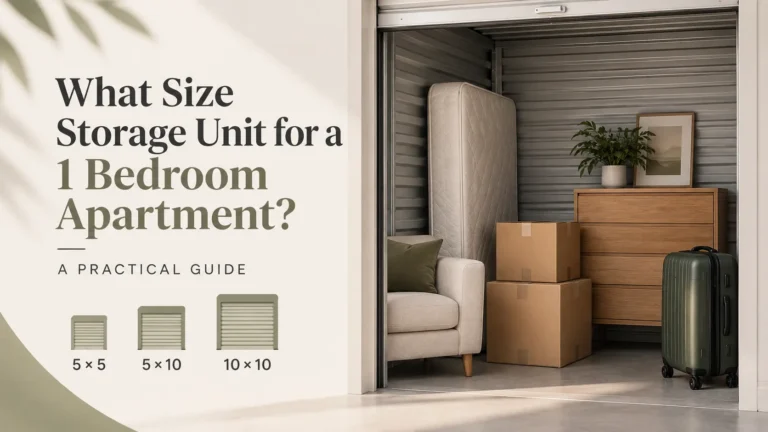 What Size Storage Unit for 1 Bedroom Apartment with furniture and boxes showing different storage size options