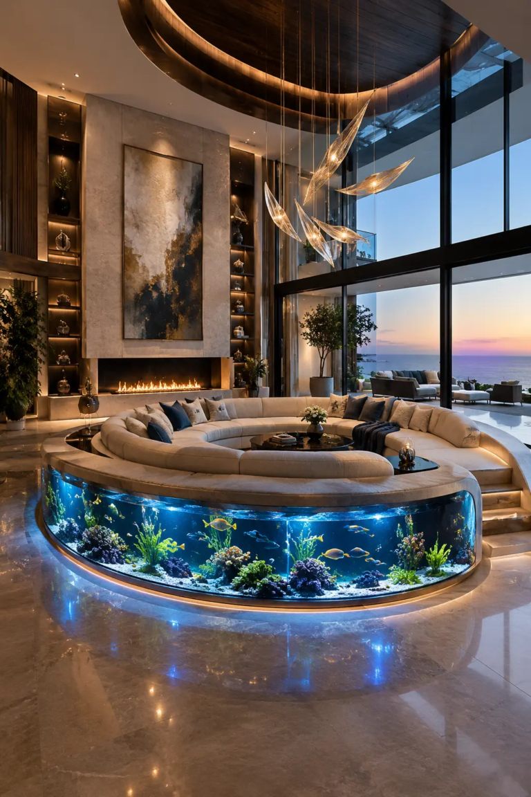 Luxury living room with a curved cream seating island featuring a built-in aquarium, sculptural fireplace, walnut details, and warm architectural lighting